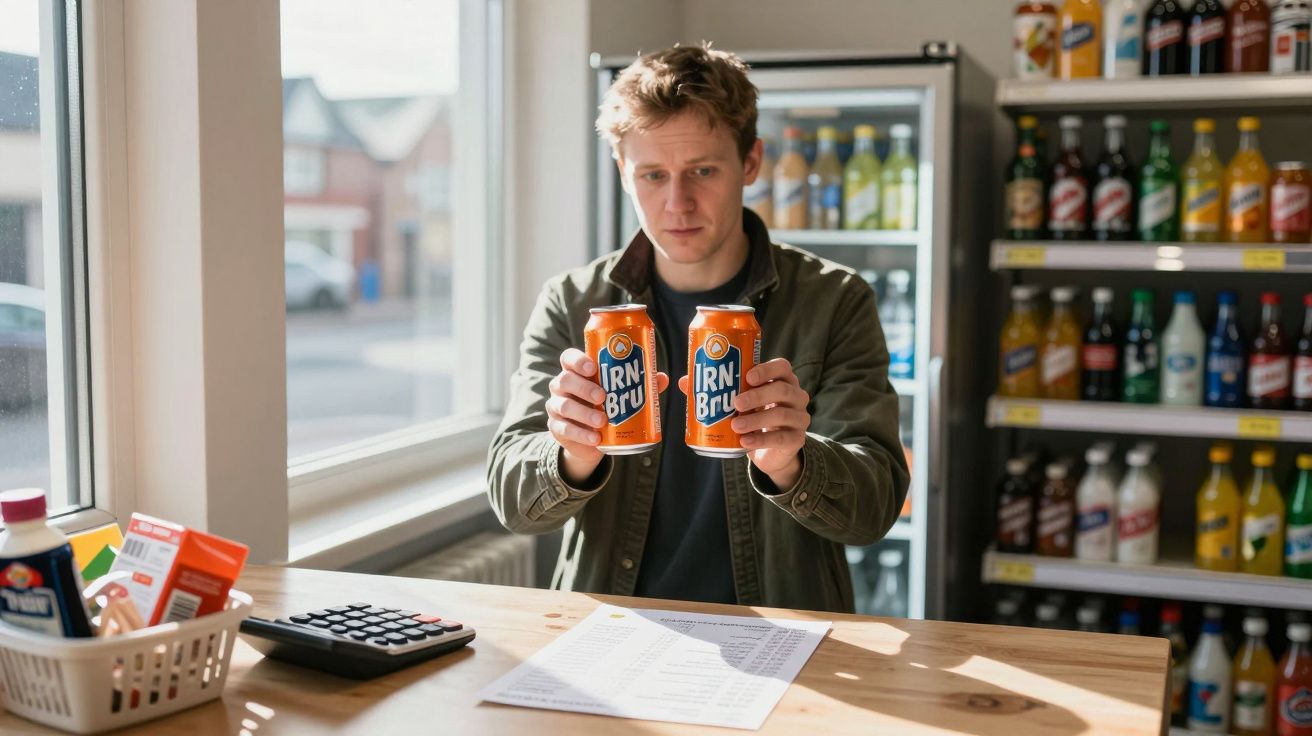 Man in shop holding two cans of Irn-Bru, with a fridge and shelves of drinks in the background.