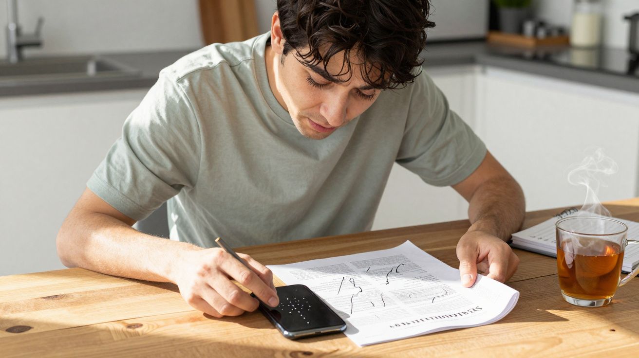 Man reading document and using smartphone with a drink beside, sitting at wooden table in a bright kitchen.