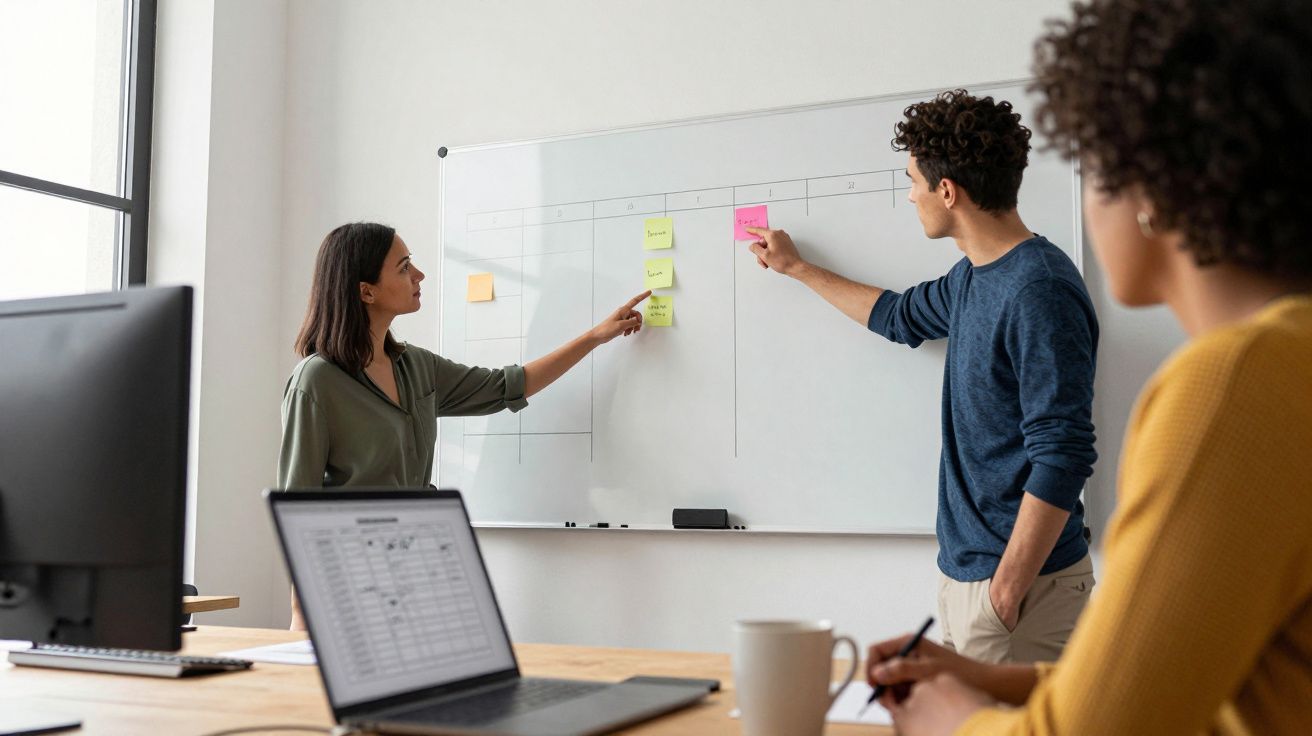 Three people in a meeting room discuss project plans using colourful sticky notes on a whiteboard.