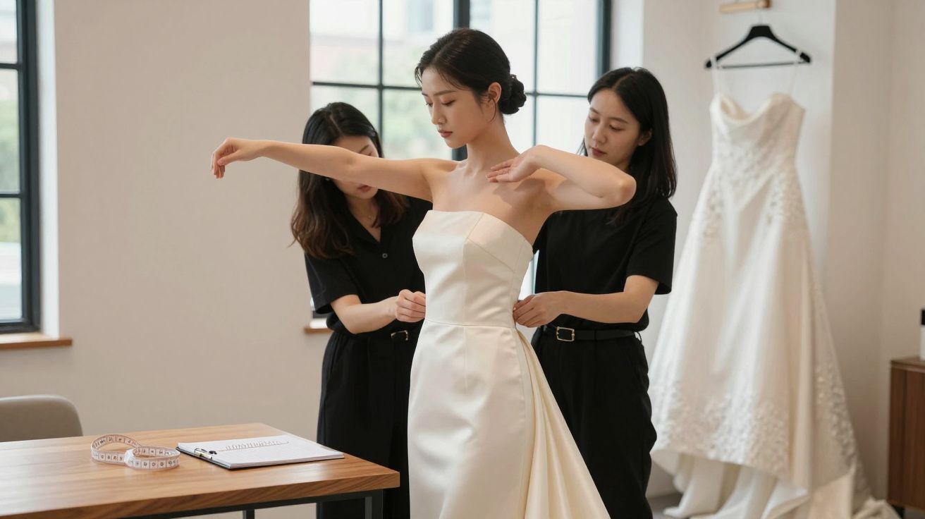Bride in strapless gown being fitted by two women in a bright studio with another dress hanging in the background.