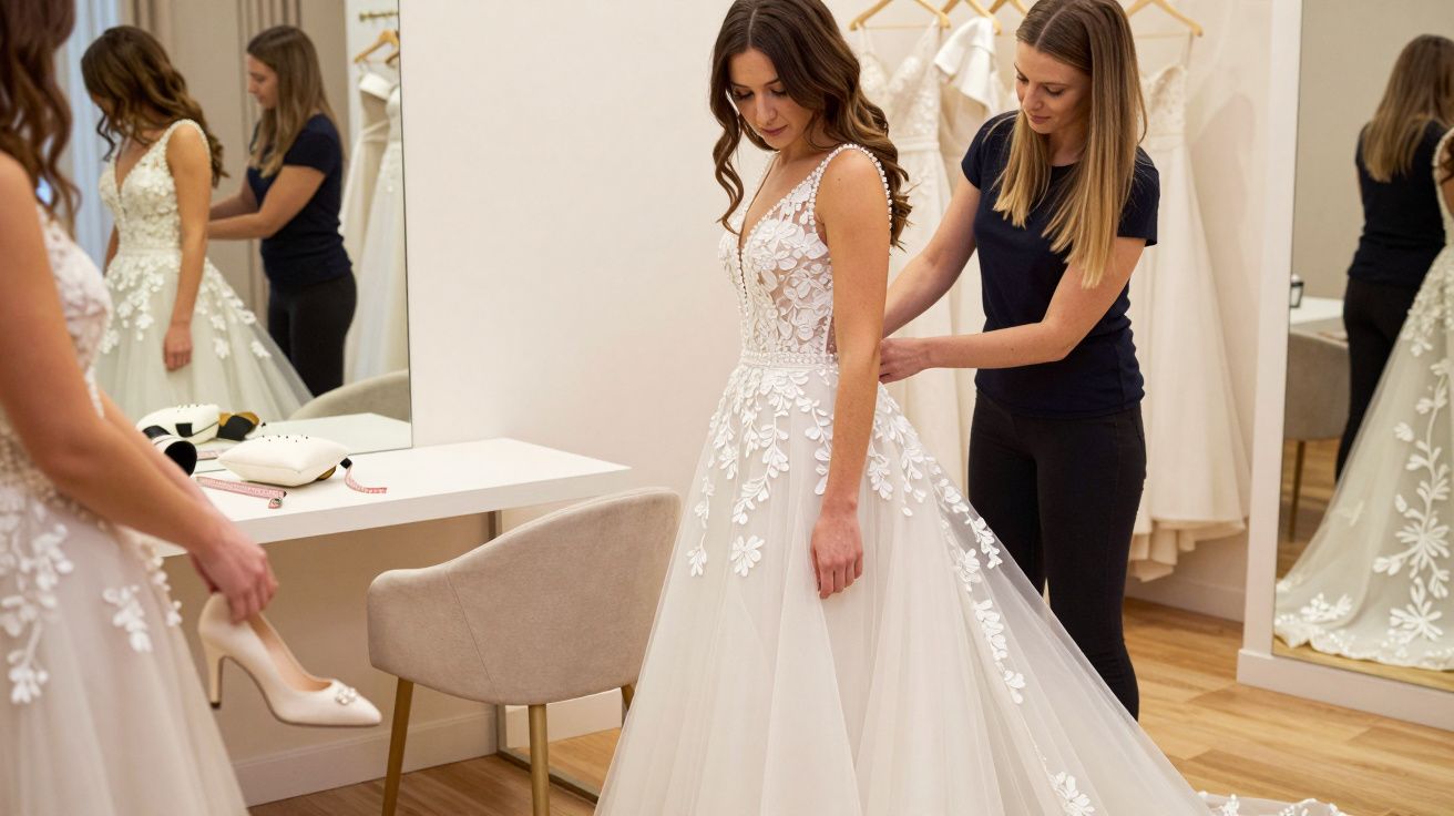 Bride trying on a lacy white wedding dress, assisted by a stylist in a bridal shop with mirrors and a beige chair.