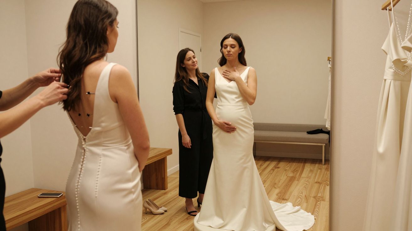 Bride in a fitting room wearing a wedding dress, assisted by a tailor adjusting the back, with a consultant nearby.