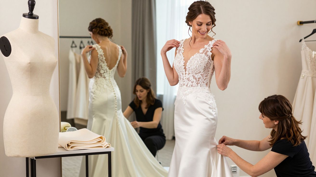 Bride wearing an elegant lace wedding dress being adjusted by two assistants in a fitting room with a mannequin nearby.