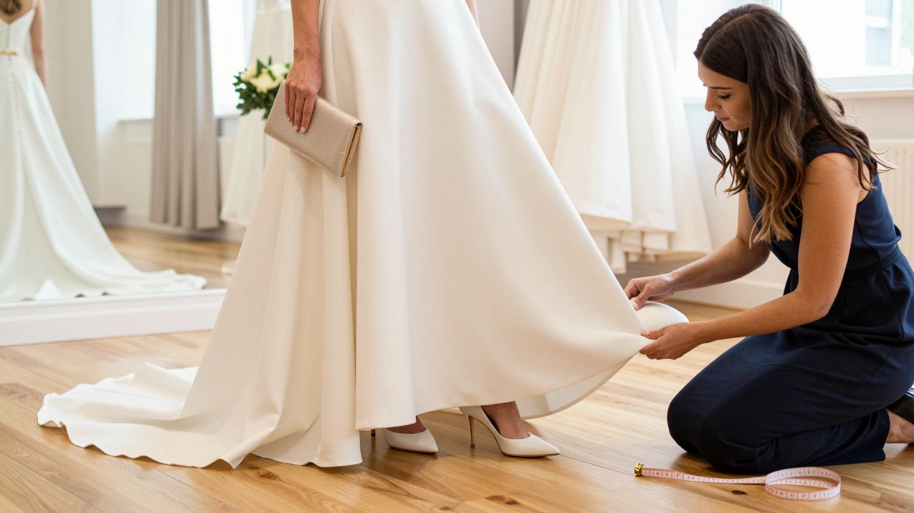 Designer adjusting the hem of a bride's long, ivory wedding dress in a bridal shop.