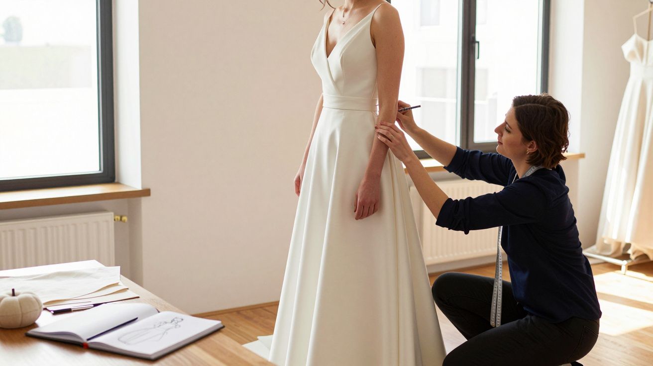 Seamstress fitting a bride in a white wedding dress beside a window-lit table with sewing accessories.
