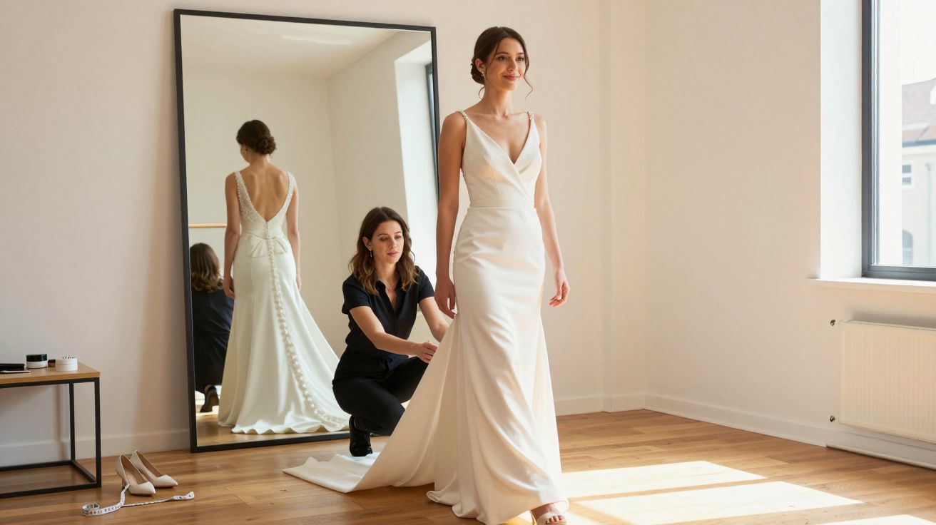 Bride in white dress stands while assistant adjusts train in bright room with large mirror.