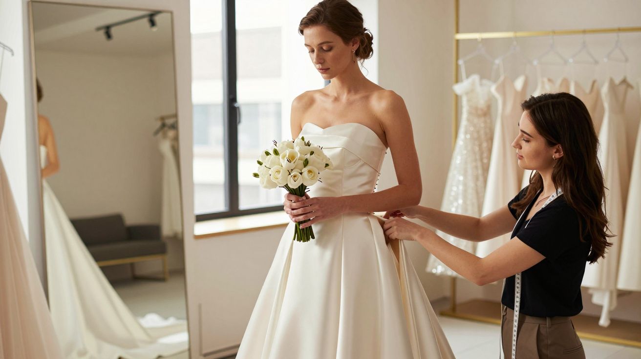 Bride holding bouquet while tailor adjusts her white wedding dress in fitting room.