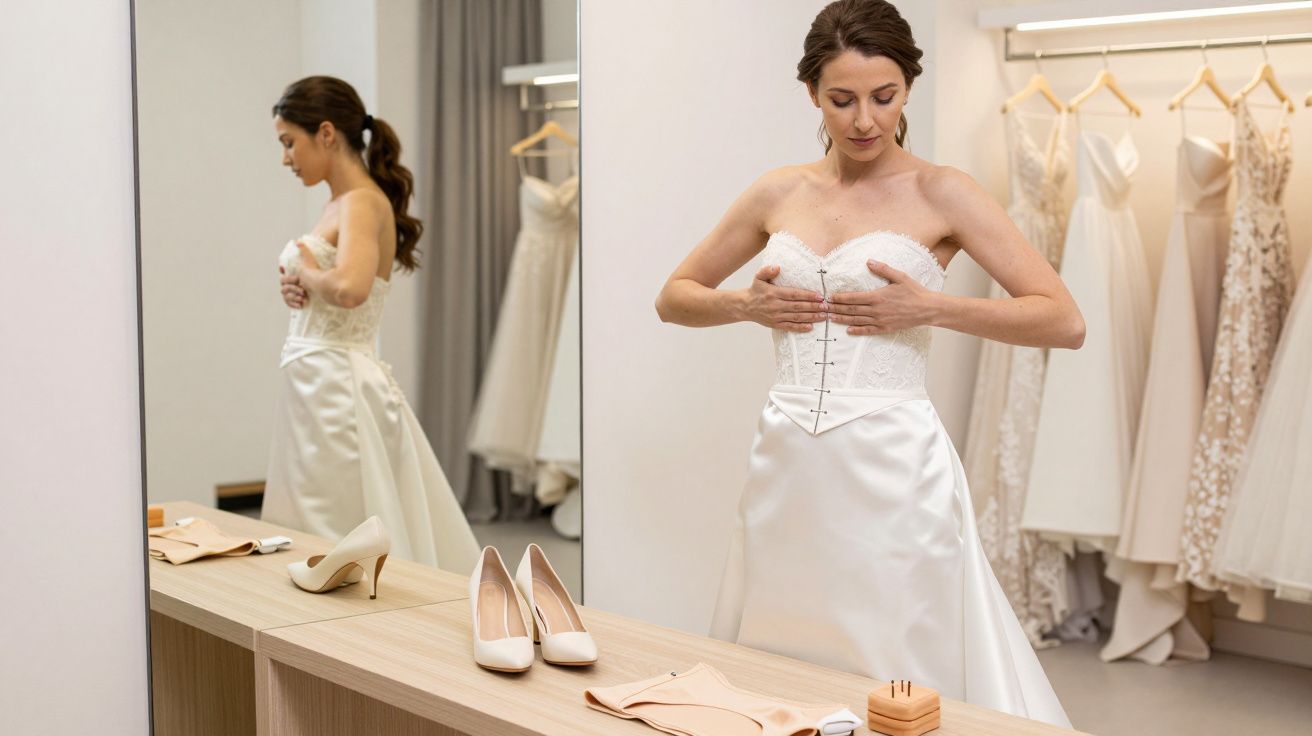Bride adjusting her wedding dress in a fitting room, with white heels and accessories on a table.