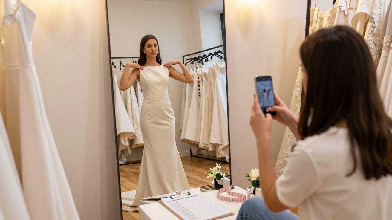 Woman in bridal shop trying on ivory wedding dress, poses as another woman takes photo.