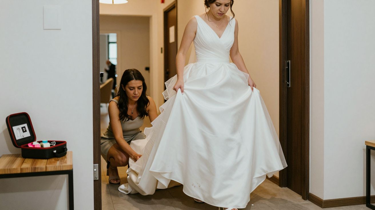 Bride in white gown being assisted by a woman fixing the dress train in a hallway before the ceremony.