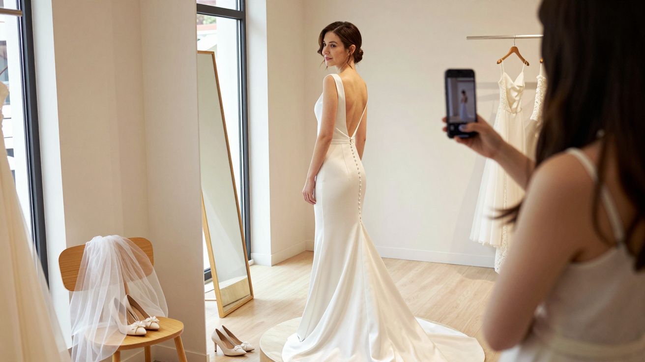Bride-to-be in a sleek white gown at a bridal shop being photographed by a friend using a smartphone.