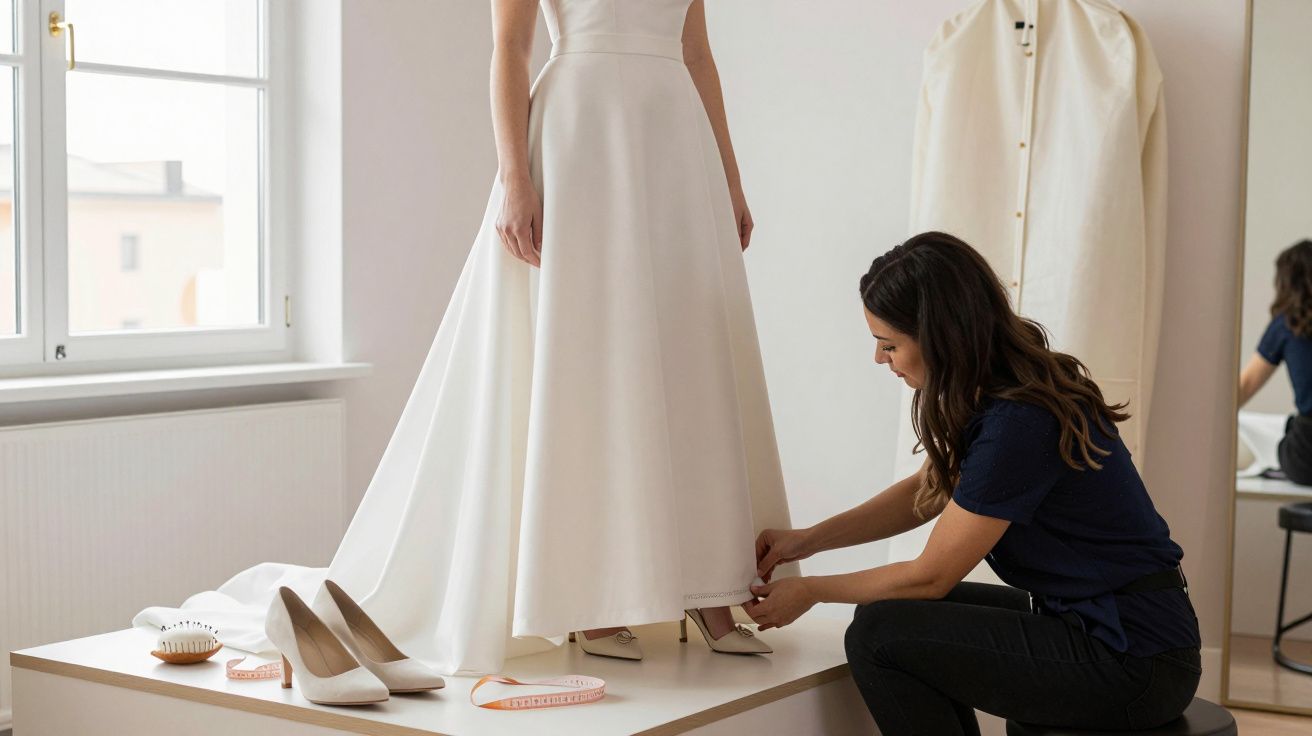 Woman fitting bride's white dress in studio, adjusting hem while measuring tape and shoes lay nearby.