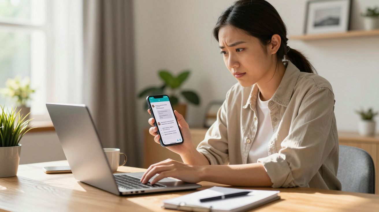 Woman at desk looks worried, holding a smartphone and typing on a laptop, with a notebook and pencil nearby.
