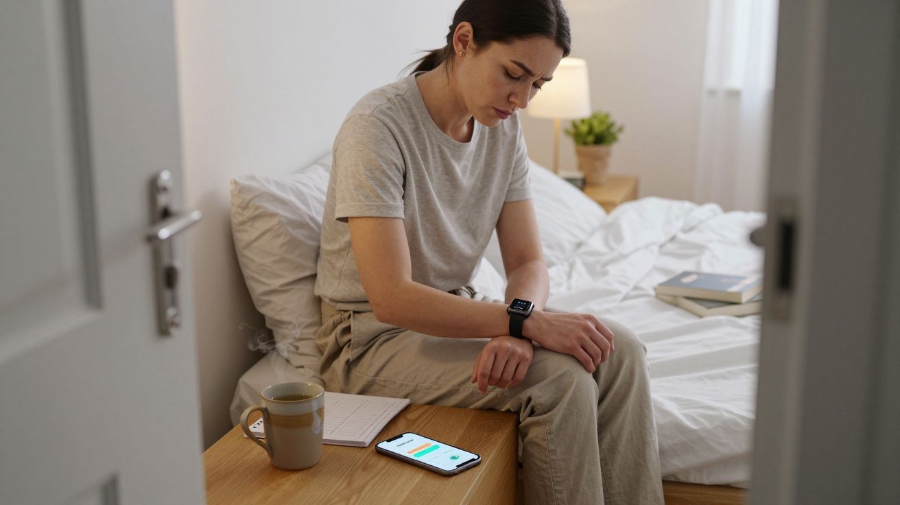 Woman sitting on a bed, looking at a smartwatch, with a smartphone and mug on a bedside table.