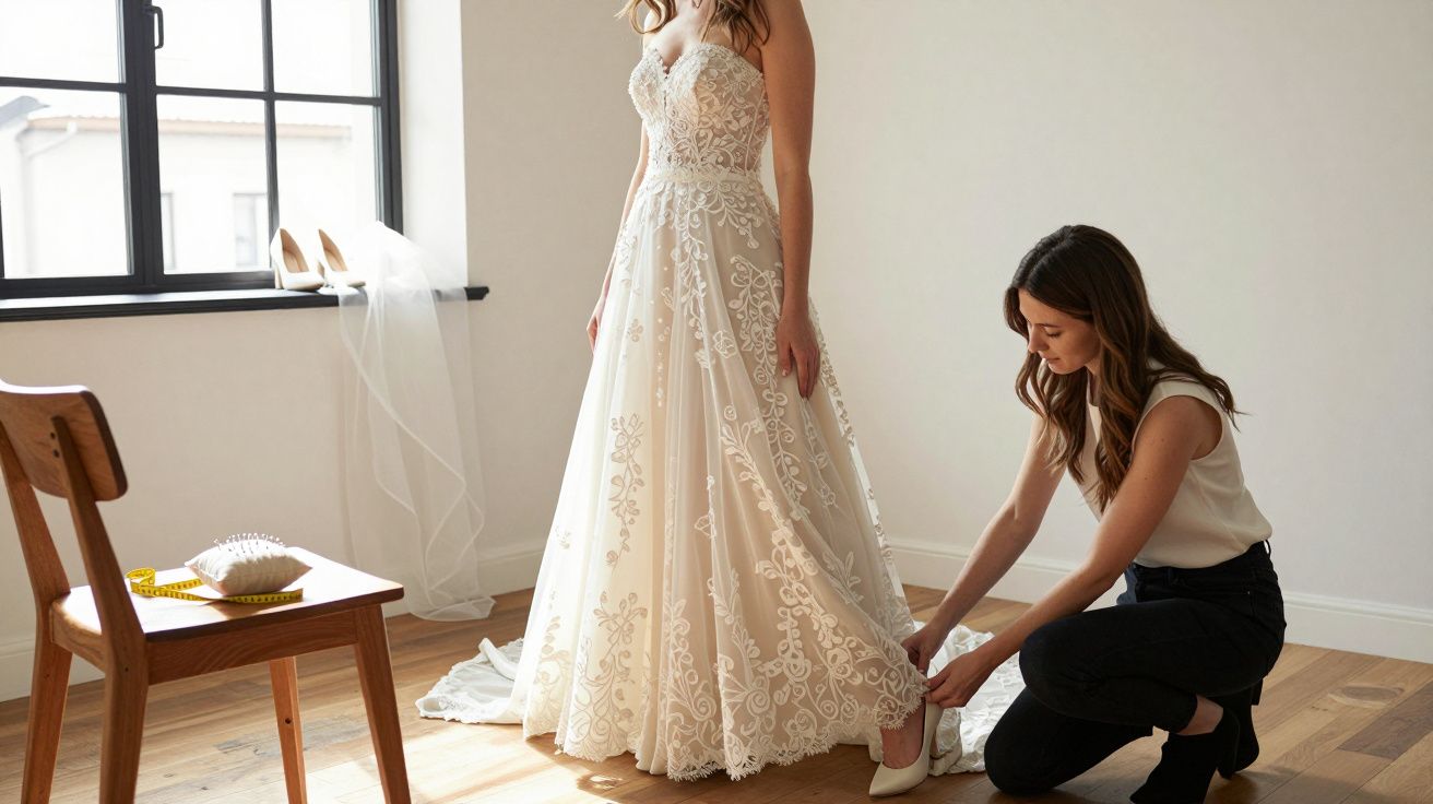 A woman in a decorated wedding dress is having her hem adjusted by another woman in a room with wooden floors.
