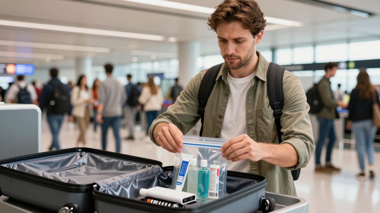 Man at airport packing toiletries in a clear bag next to open luggage.