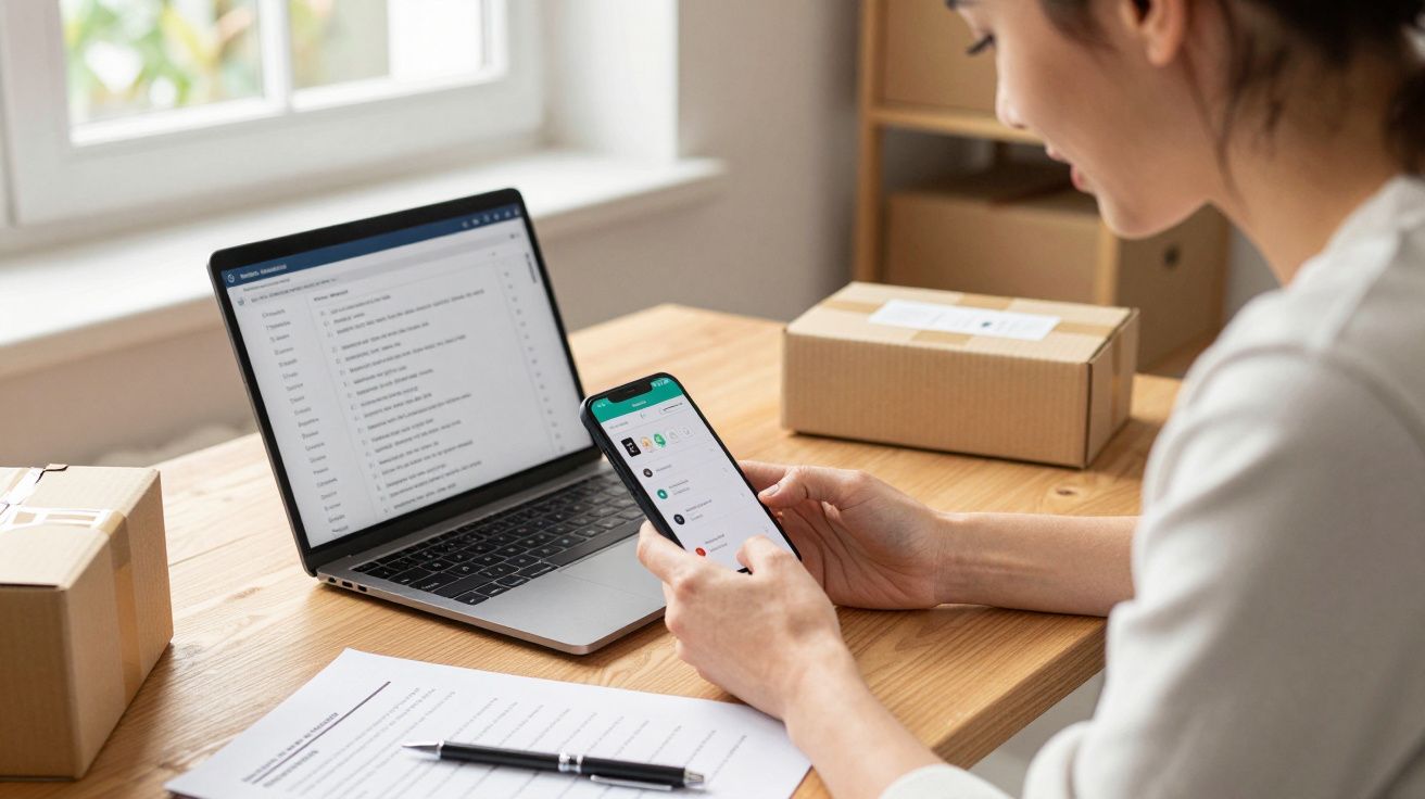 Woman checks phone beside laptop on desk with parcels and paperwork.