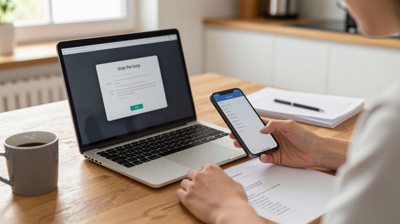 Person using smartphone and laptop on a wooden table, with a notebook and coffee cup nearby.