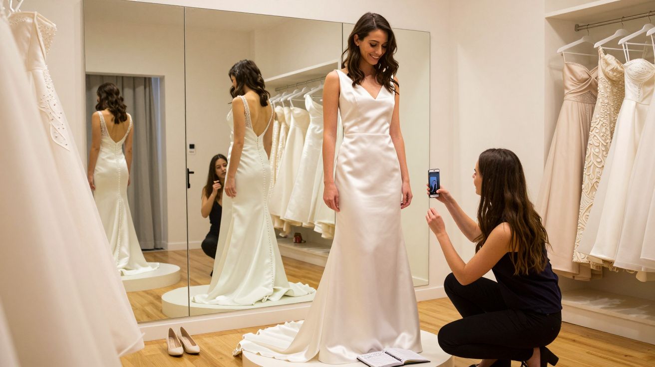 Woman in bridal shop trying on a white gown, while another kneels to take a photo, surrounded by other dresses.