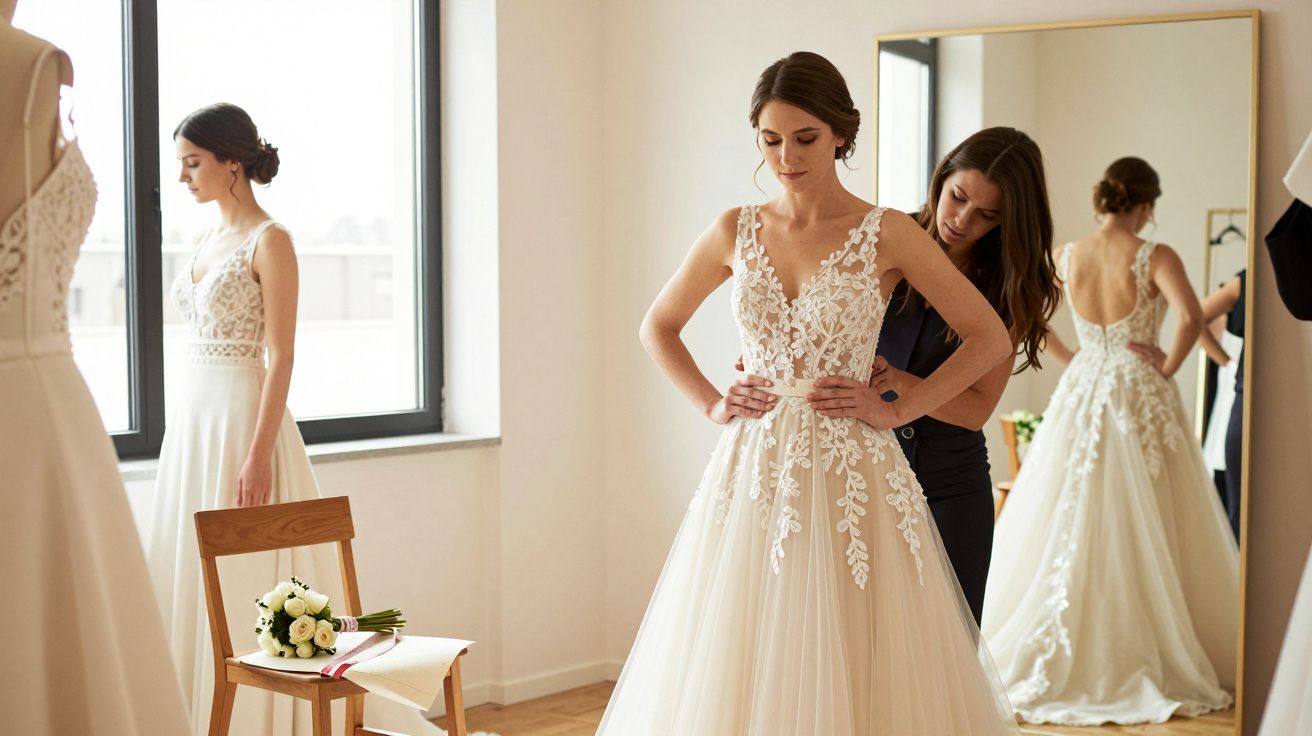 Bride trying on a lacy wedding dress with assistance, another bride reflected in a large mirror, bouquet on a chair.