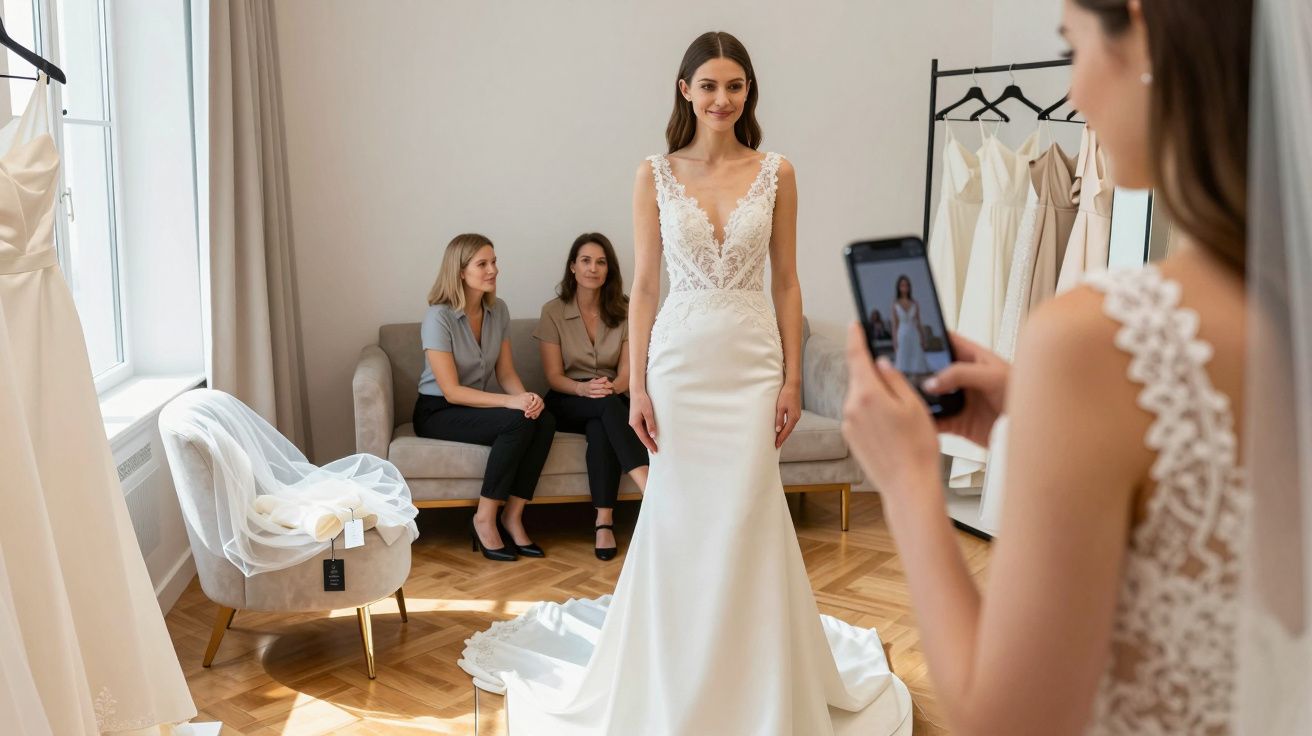 Bride-to-be in lace wedding dress, posing as another woman takes a photo. Two women sit on a sofa in the background.