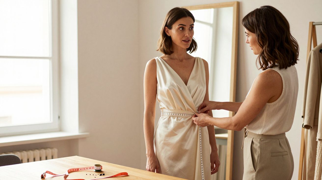 A woman measures another woman's waist with a tape measure in a bright room, with sewing tools on a table nearby.