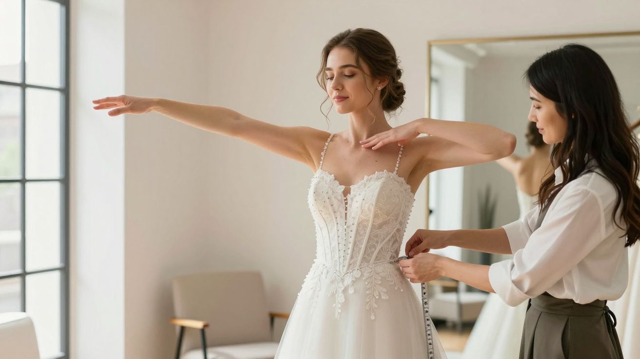 Bride being fitted into a white wedding dress by a tailor, arms raised, in a bright room with large windows.