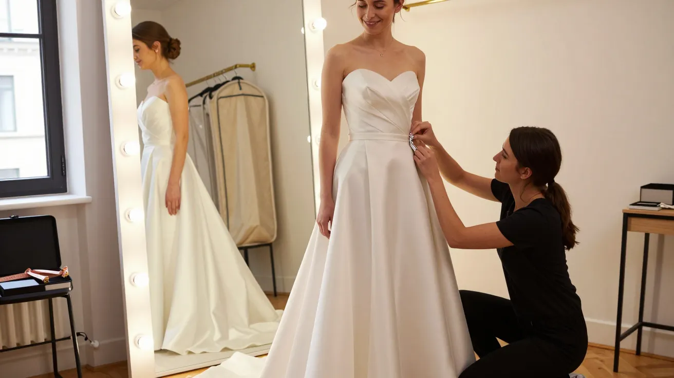 Woman wearing a white wedding dress being fitted by a seamstress in front of a large mirror with lights.