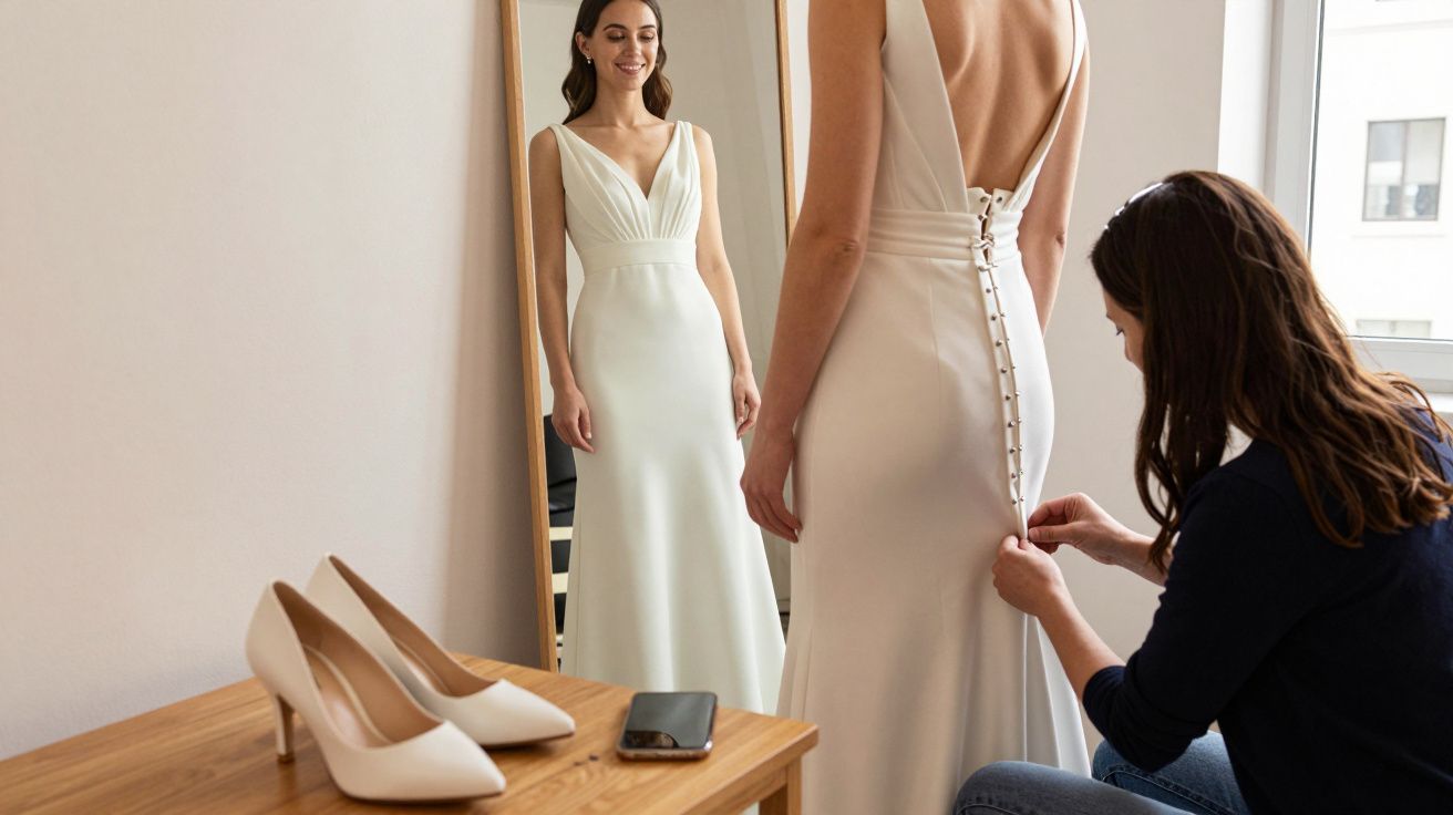 Woman in white dress stands before a mirror, another woman assists with back buttons; shoes and phone on table nearby.