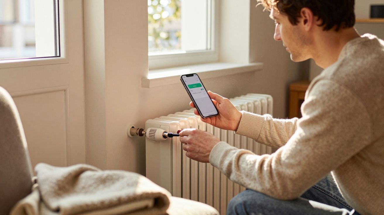 Man adjusting radiator thermostat with a smartphone near a window indoors.