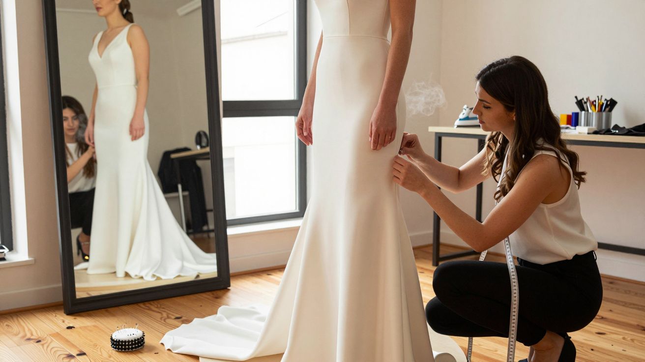 A woman adjusts a white wedding dress on another woman in front of a large mirror in a bright room.