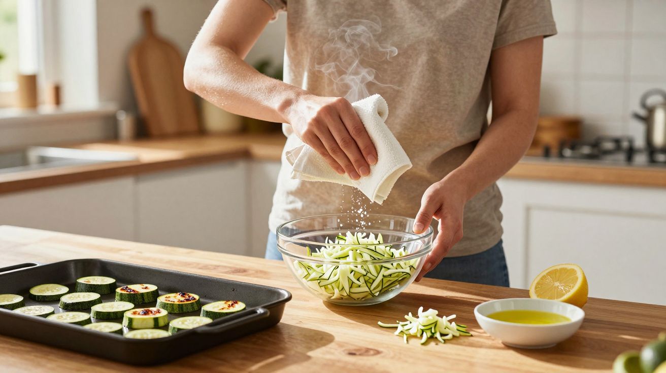Person salting sliced courgettes in a glass bowl with a tray of courgette rounds nearby in a kitchen setting.