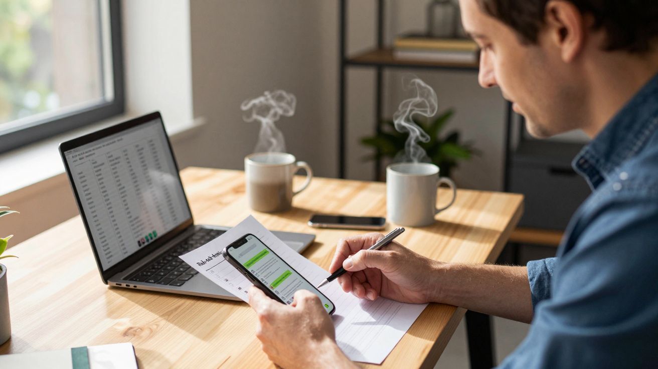 Man working at desk with a laptop, phone, and papers, holding a pen. Two steaming mugs in the background.