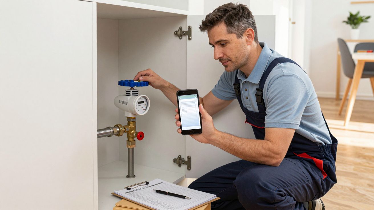 Plumber kneeling, adjusting a valve under a sink with a phone and clipboard nearby.