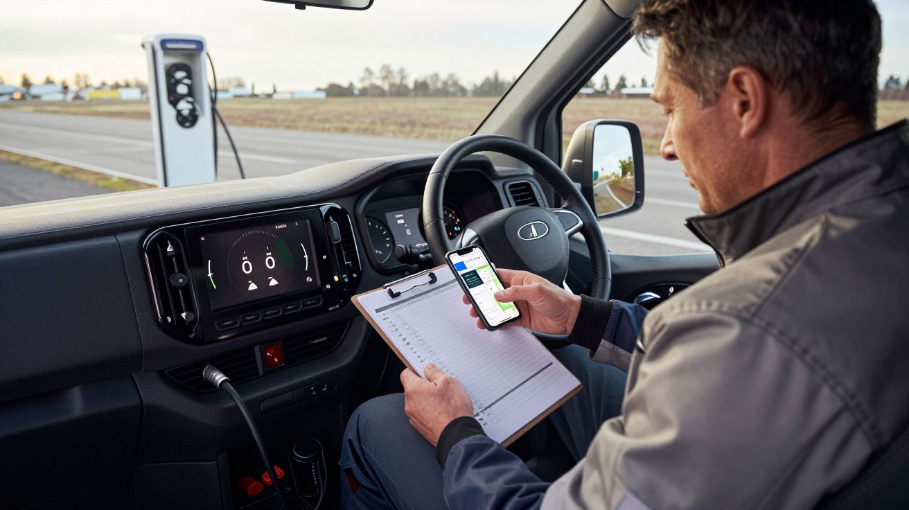 Man in a parked car with a clipboard and phone, checking an electric vehicle charging station outside.