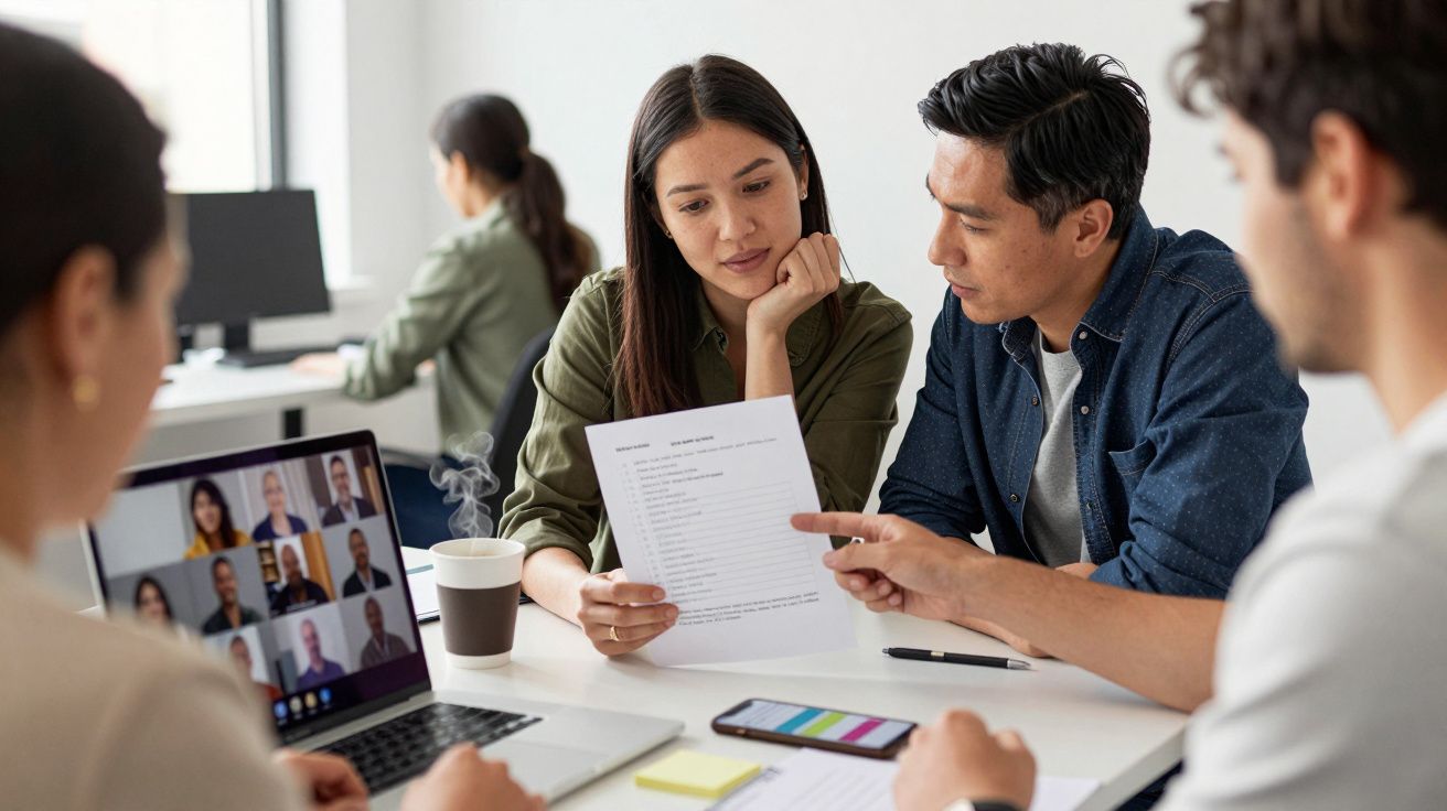 Colleagues in meeting, reviewing document while laptop shows a video call.