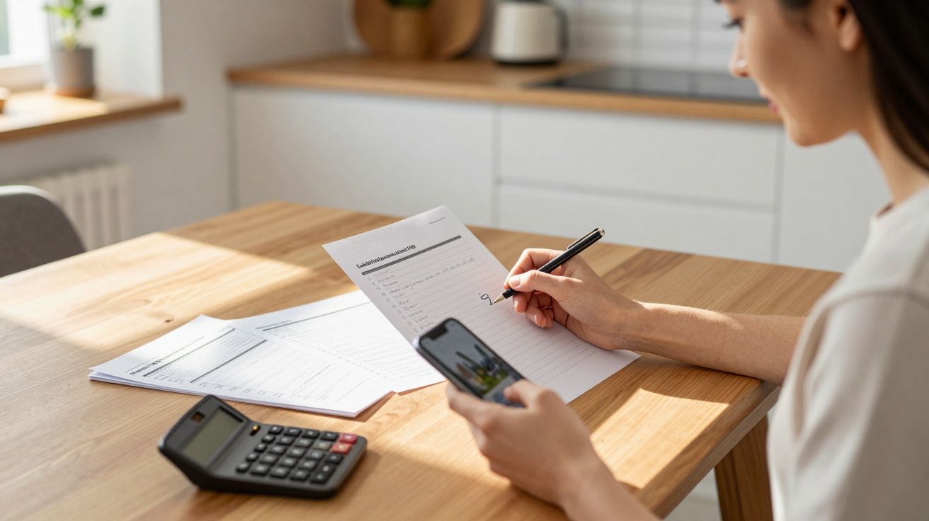 Woman using smartphone and calculator while reviewing documents at a wooden table in a bright kitchen.