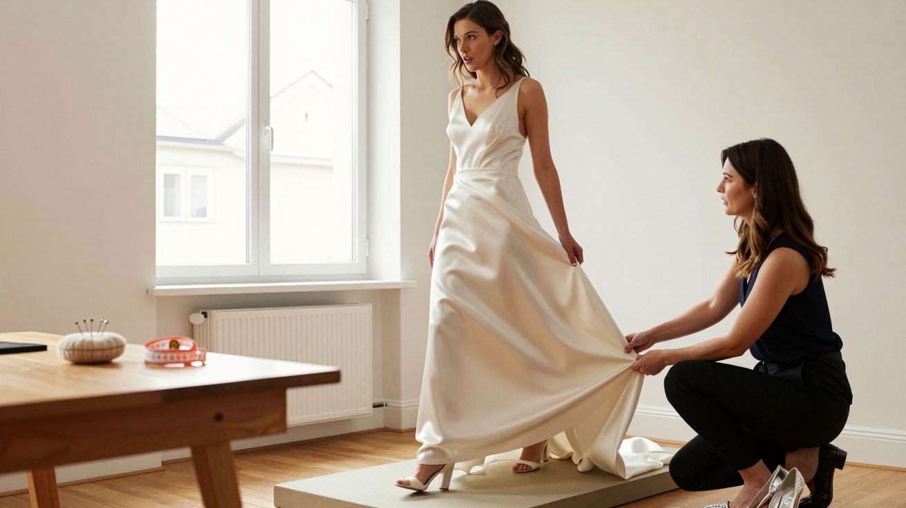 Bride in white gown stands on platform while stylist adjusts the dress hem in a bright room.