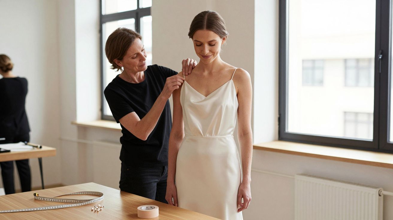 A seamstress adjusts a bride's white satin gown in a bright room with large windows.