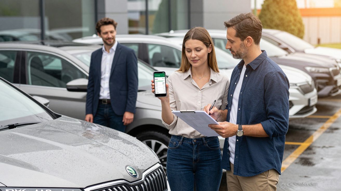 Two people review a document beside cars in a dealership, one holding a phone displaying an app, while a man stands nearby.