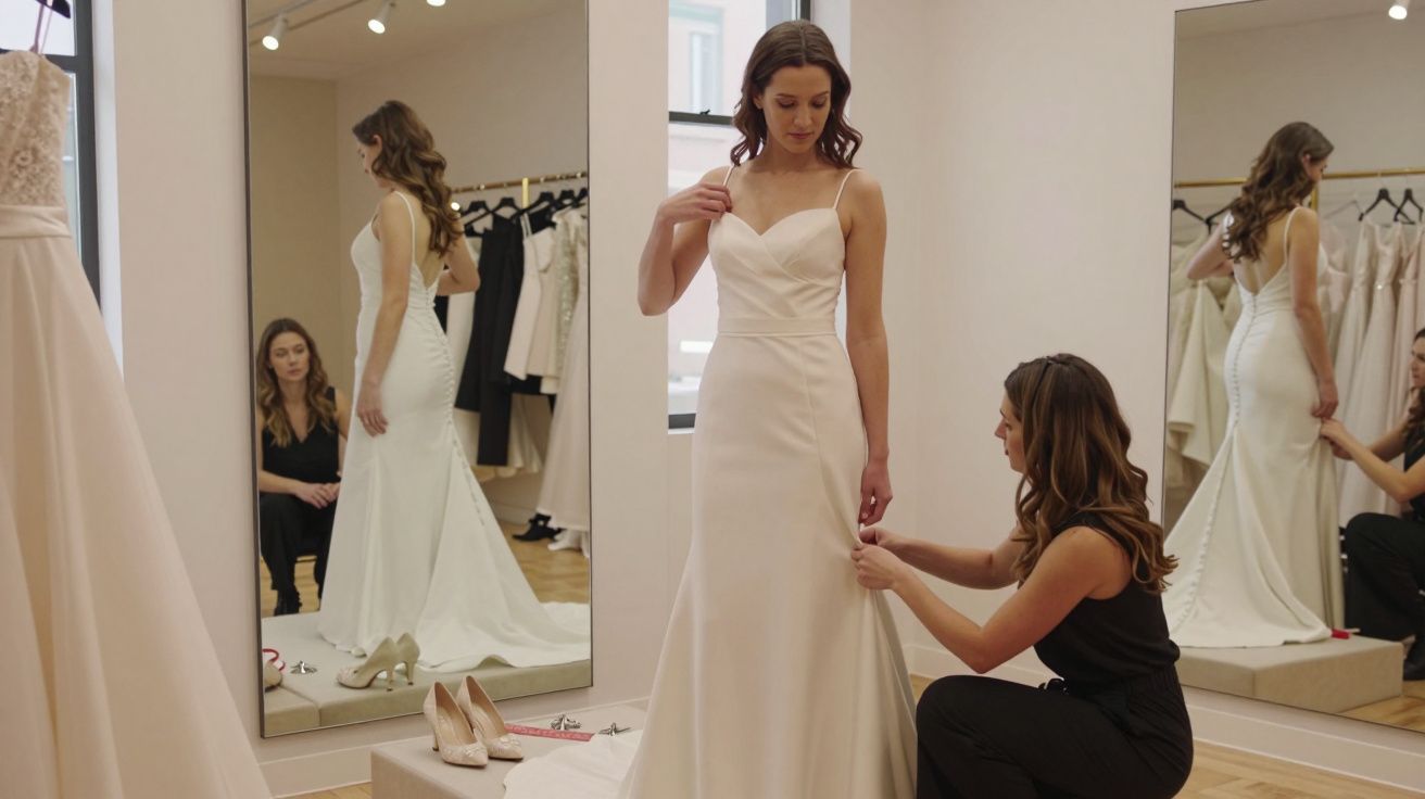 Woman in a bridal shop wearing a white wedding dress, with an assistant adjusting the hem, reflected in a large mirror.