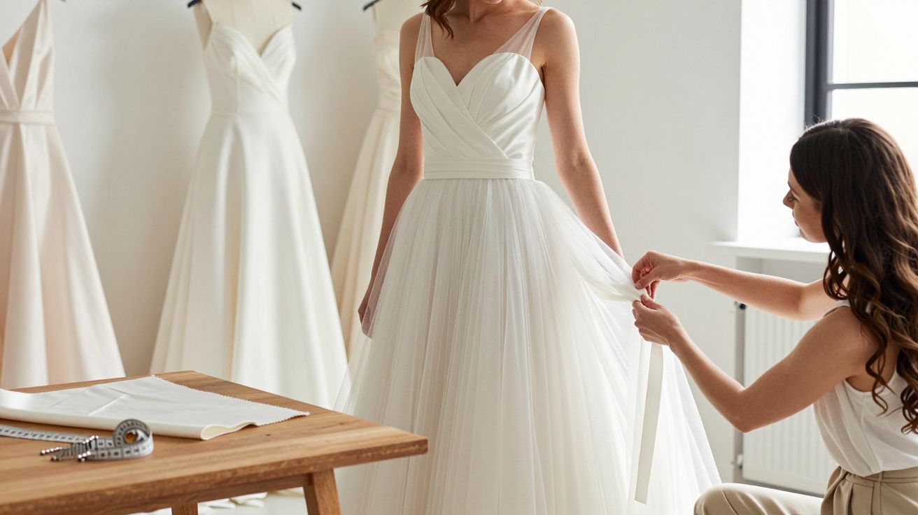 Bride in a white wedding dress being fitted by a seamstress in a studio with more dresses on display.