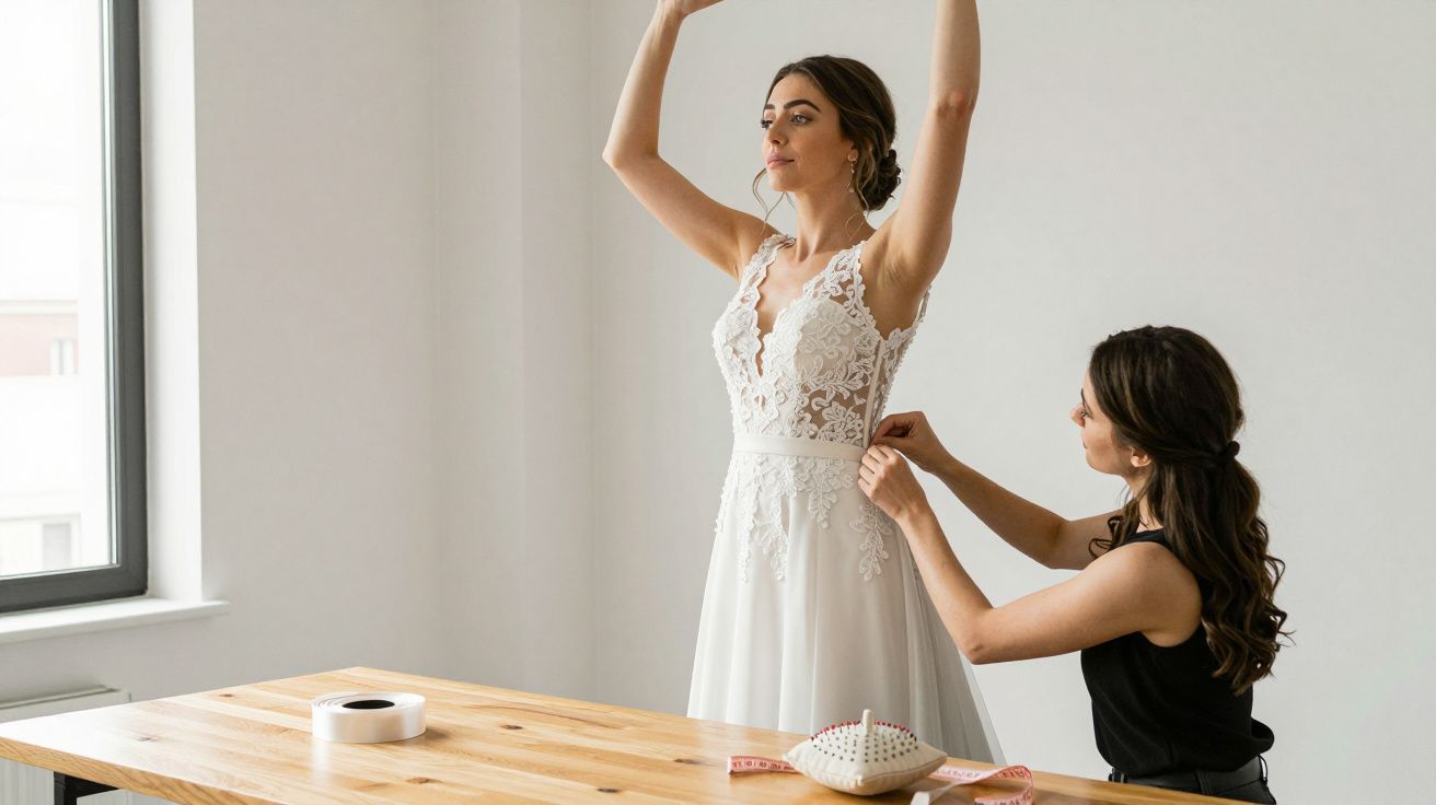 Bride has wedding dress adjusted by woman in a bright room.