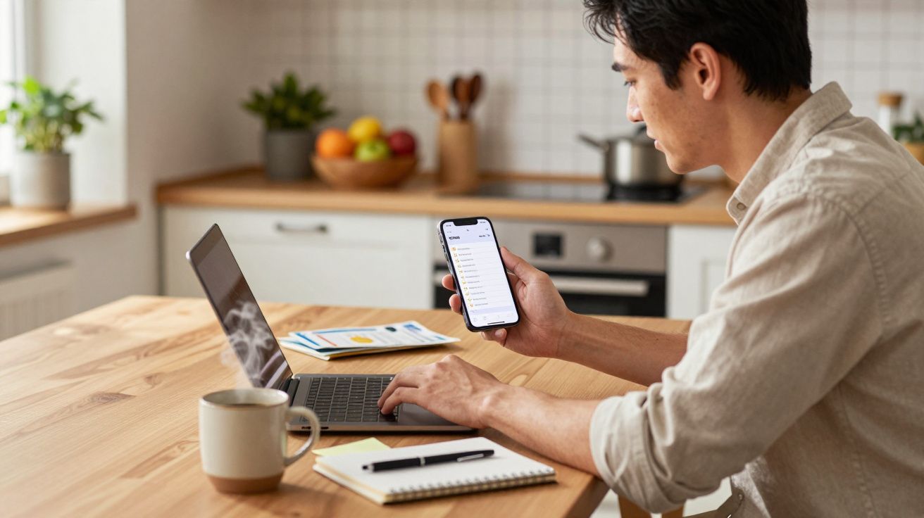 Man in a kitchen using a laptop and smartphone with charts on the table and a mug nearby.